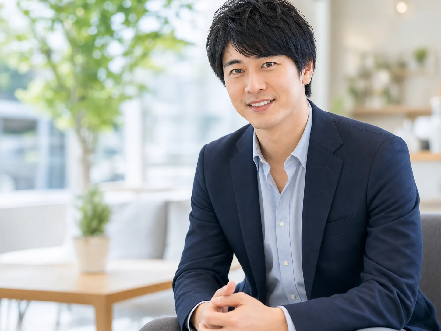 学びを実践し、自然な表情で会話する受講後の男性