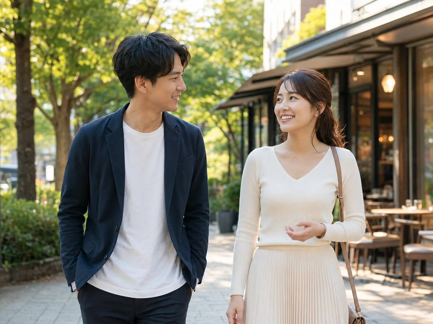 街を歩きながら自然に会話する男女