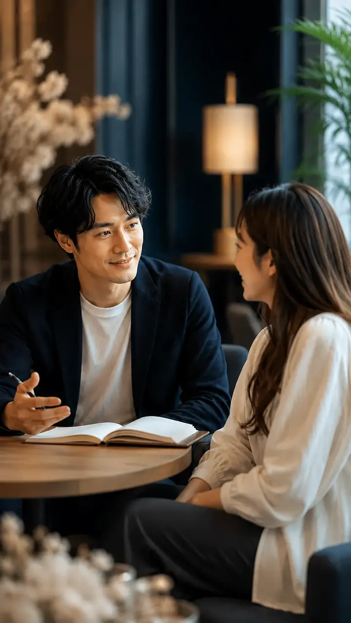 レストランで向き合って話す男女